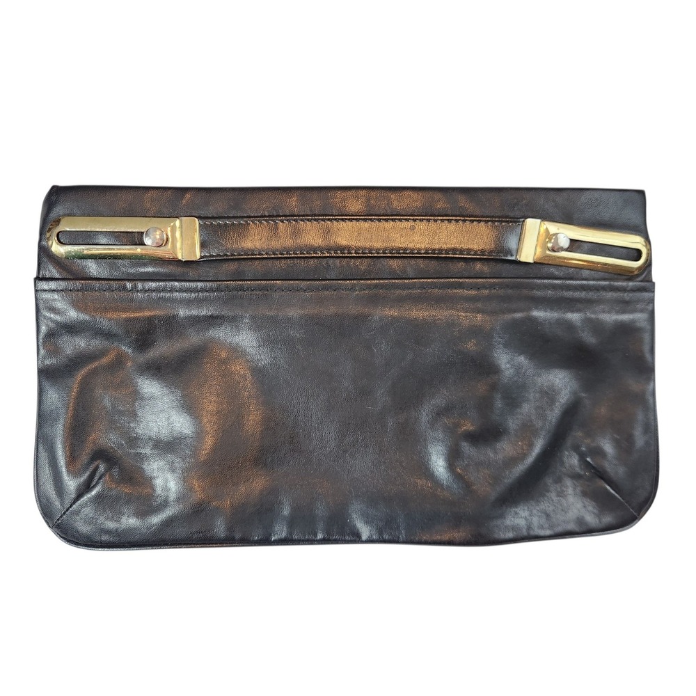 Vintage Leather Clutch Bag Women OS Black Gold Hardware Sliding Handle